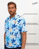 Man wearing a blue floral golf polo shirt with text highlighting features on a white background