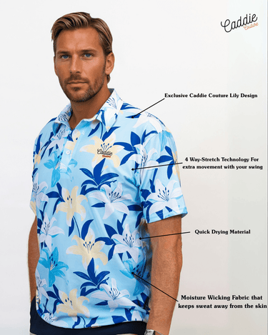 Man wearing a blue floral golf polo shirt with text highlighting features on a white background