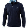 Navy golf pullover with floral collar on a white background