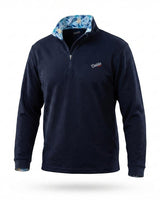 Navy golf pullover with floral collar on a white background