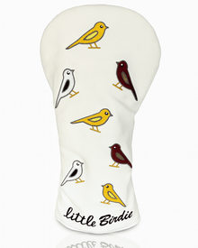 Driver Head cover with bird illustrations and 'little birdie' text on a white background
