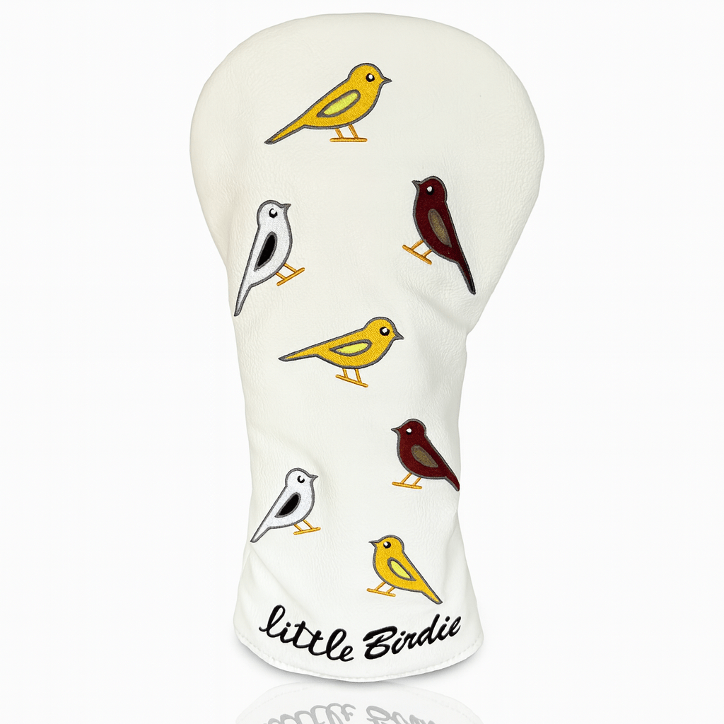 Driver Head cover with bird illustrations and 'little birdie' text on a white background