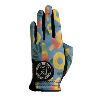 A multicolored golf glove with a vibrant design, featuring patterns such as lollipops and bananas, and the brand logo 'Caddie Couture' on the back.