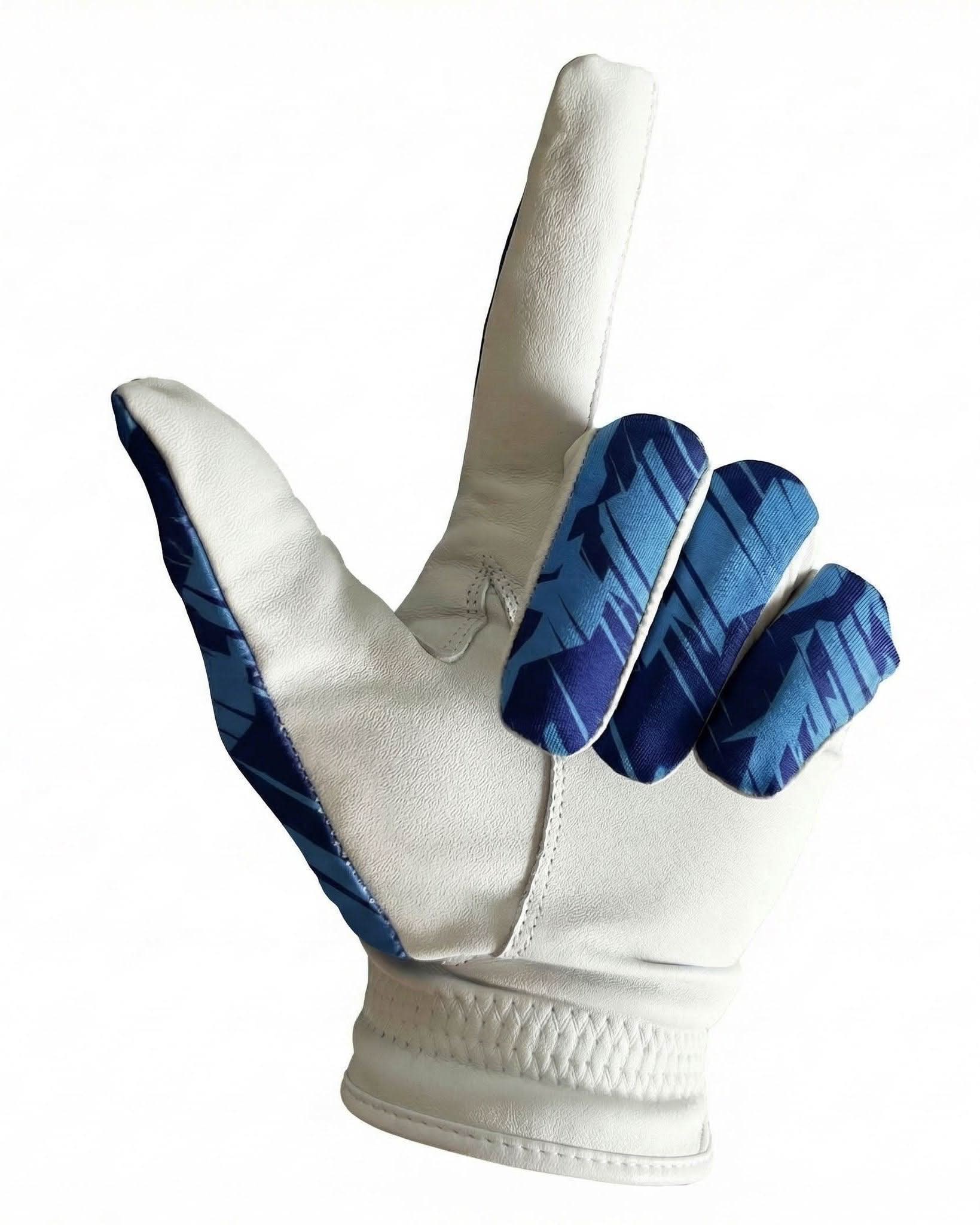 White glove with blue patterned fingers on a white background
