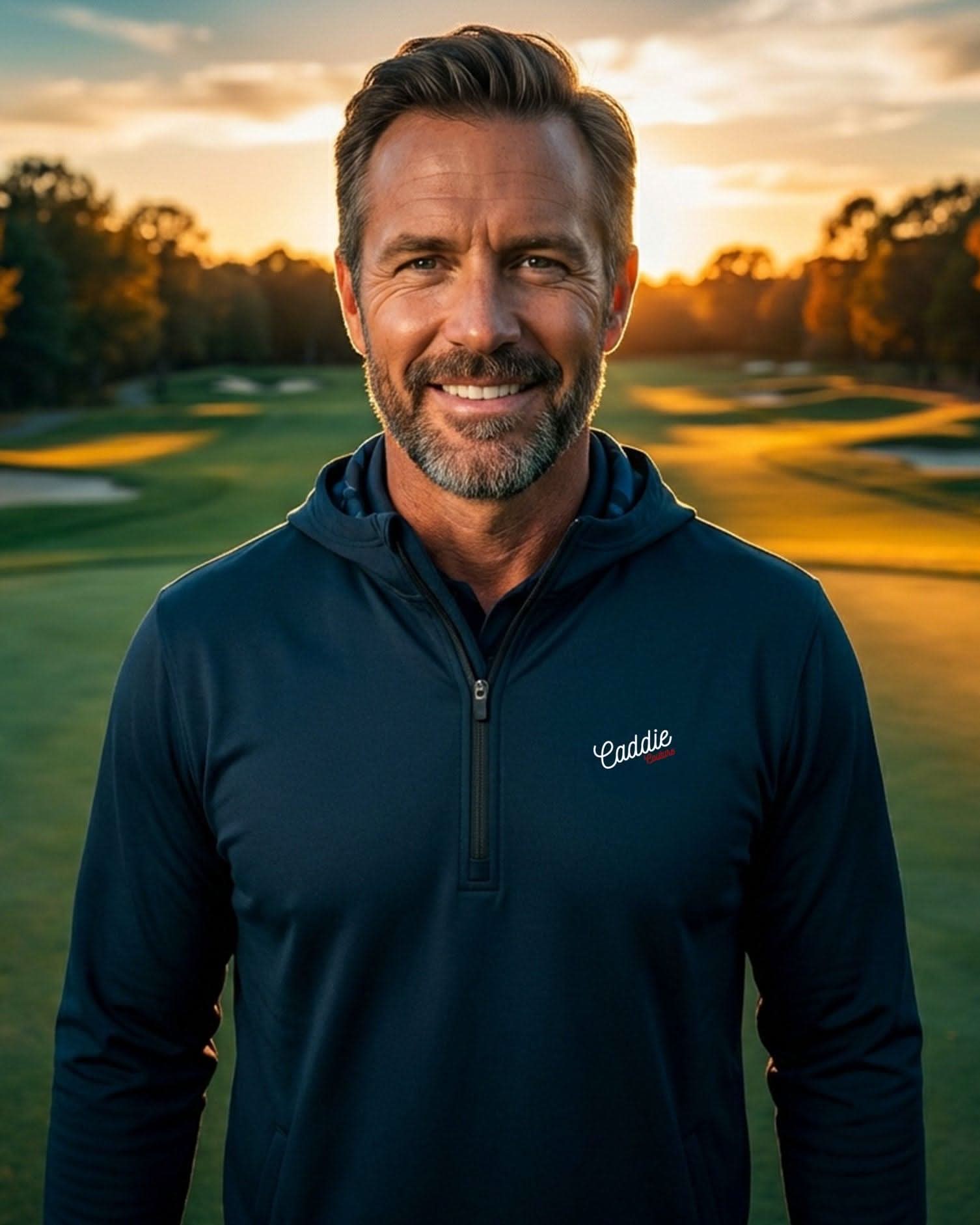 Man in a navy blue jacket with a logo on a golf course at sunset