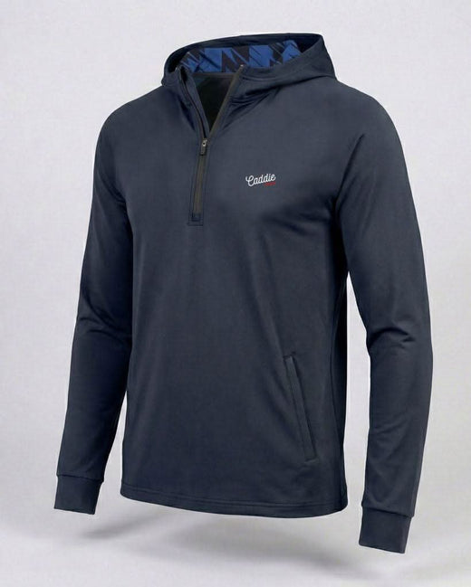 Navy pullover with a brand logo on a light gray background