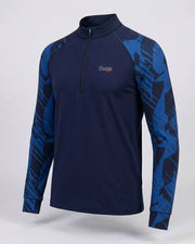 Navy long-sleeve shirt with blue patterned sleeves on a light gray background