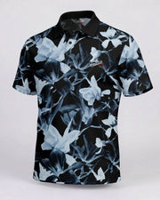 Black floral patterned shirt on a white background