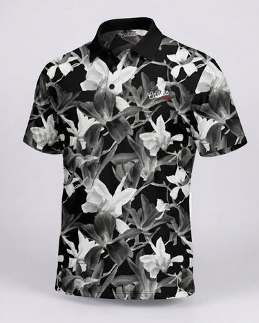 Black and white floral patterned shirt on a light gray background