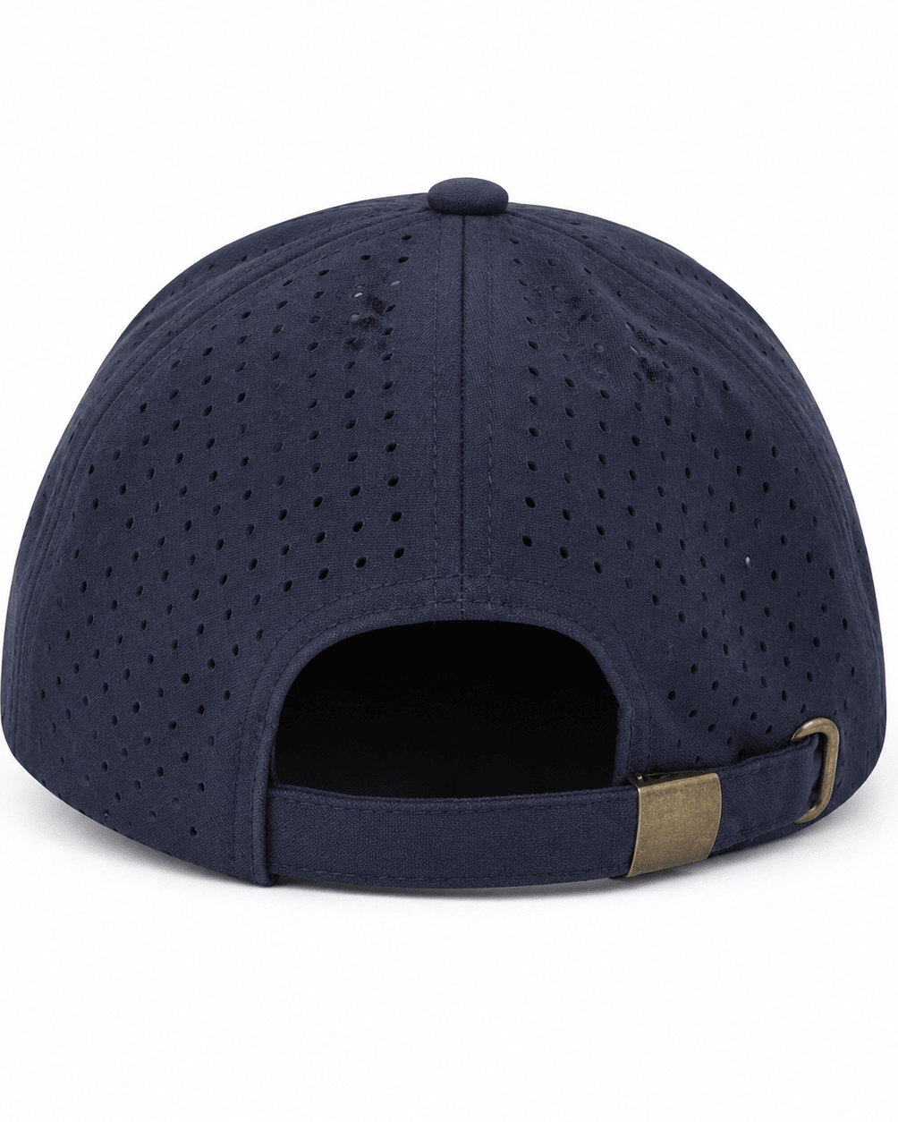 Navy blue baseball cap with a gold adjustable strap on a white background