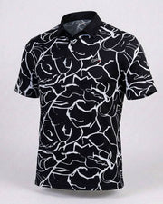 Black polo shirt with white abstract pattern on a white background