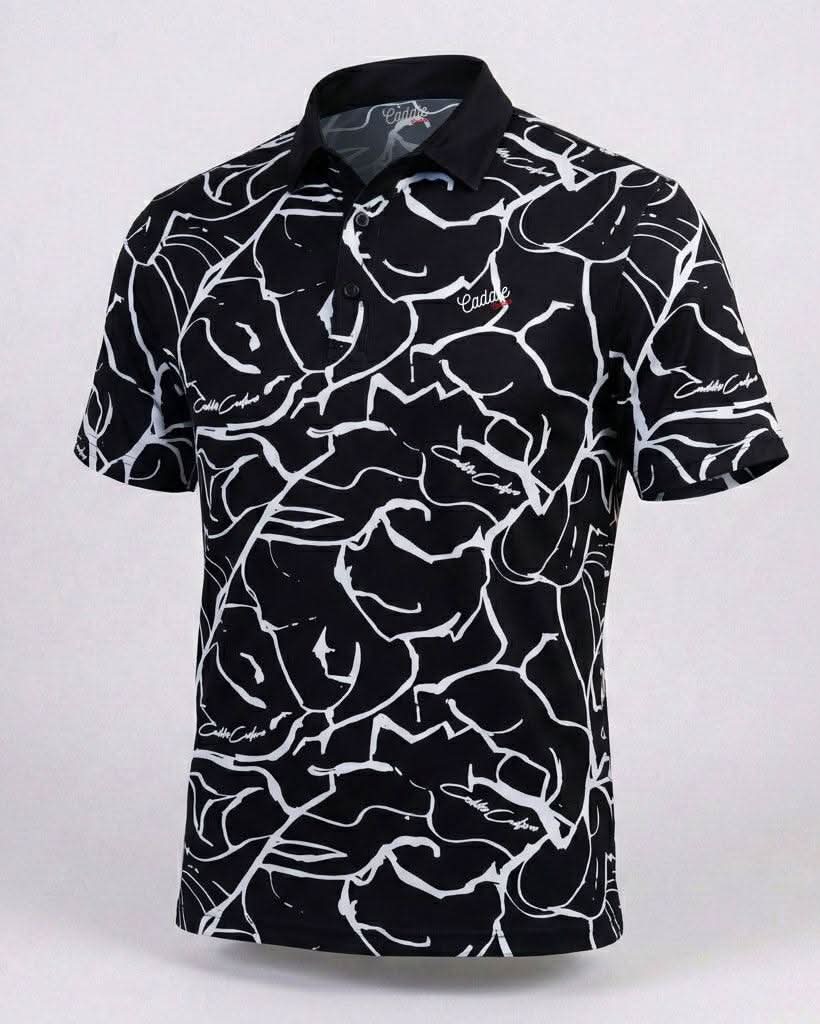 Black polo shirt with white abstract pattern on a white background