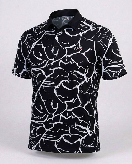 Black polo shirt with white abstract pattern on a white background
