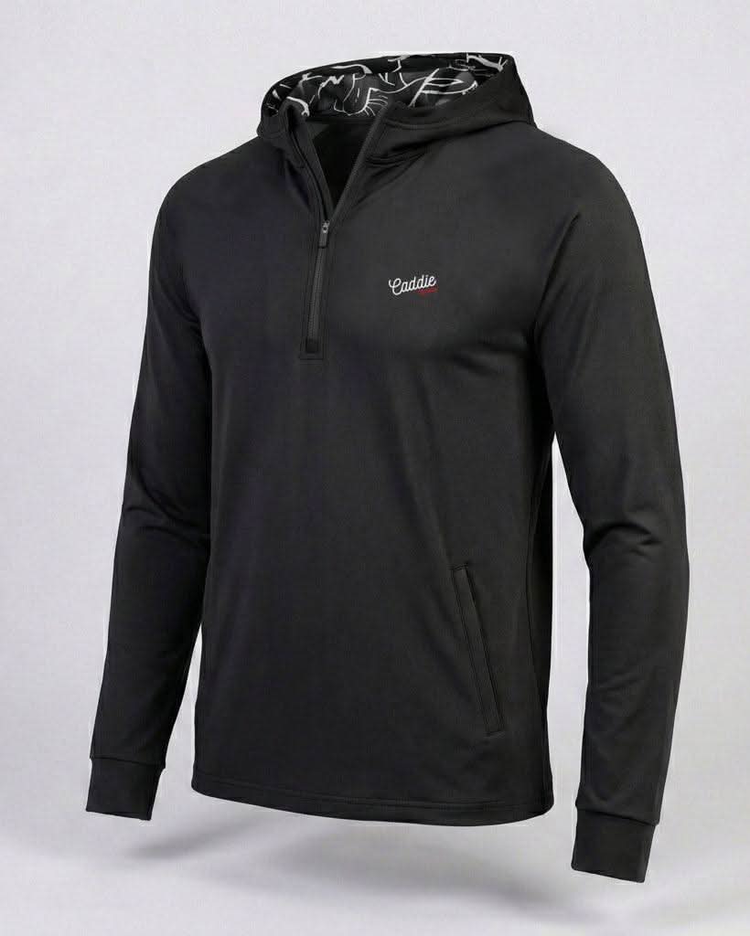 Black hoodie with a brand logo on a light gray background