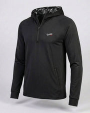 Black hoodie with a brand logo on a light gray background
