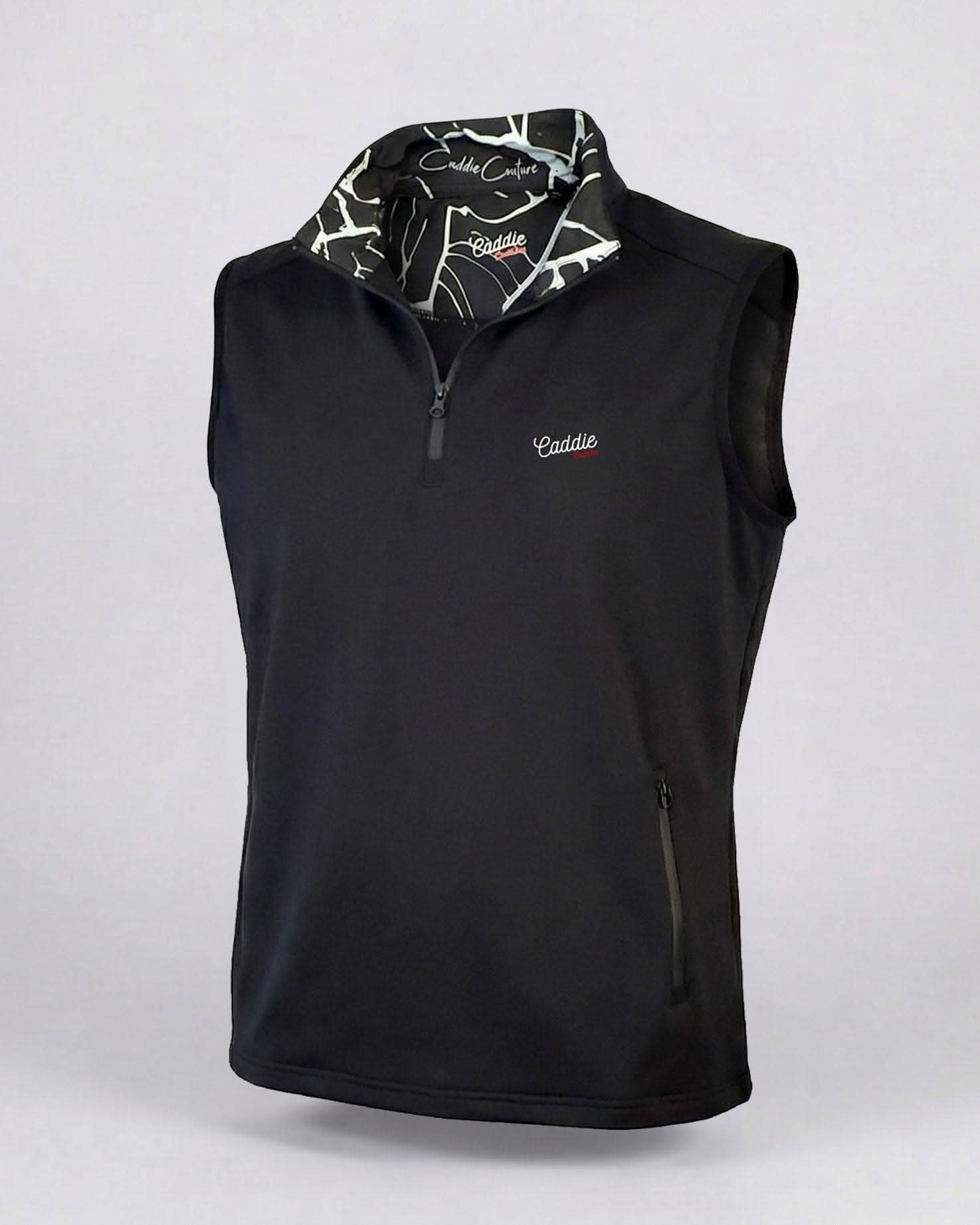 Black sleeveless vest with patterned collar on a light gray background