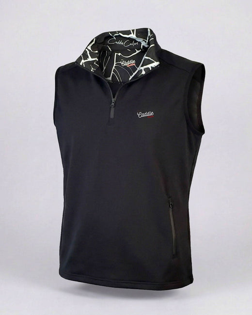 Black sleeveless vest with patterned collar on a light gray background