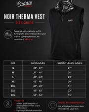 Size guide for Caddie Select Noir Therma vest on a dark background