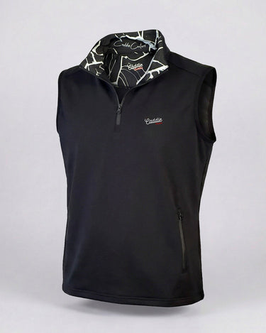 Black sleeveless vest with patterned collar on a light gray background