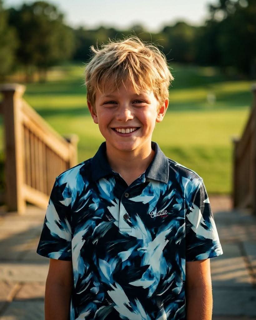 Young boy wearing a blue and black patterned shirt outdoors on a sunny day.