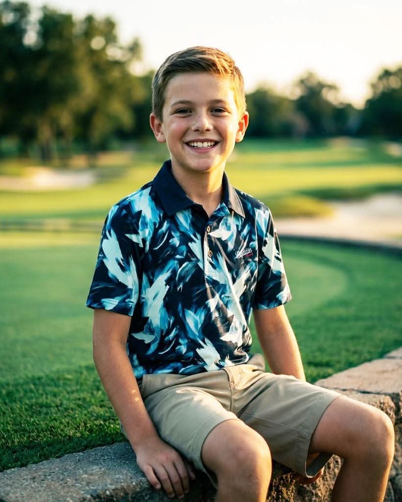 Young boy sitting on a stone wall in a park with green grass and trees in the background.