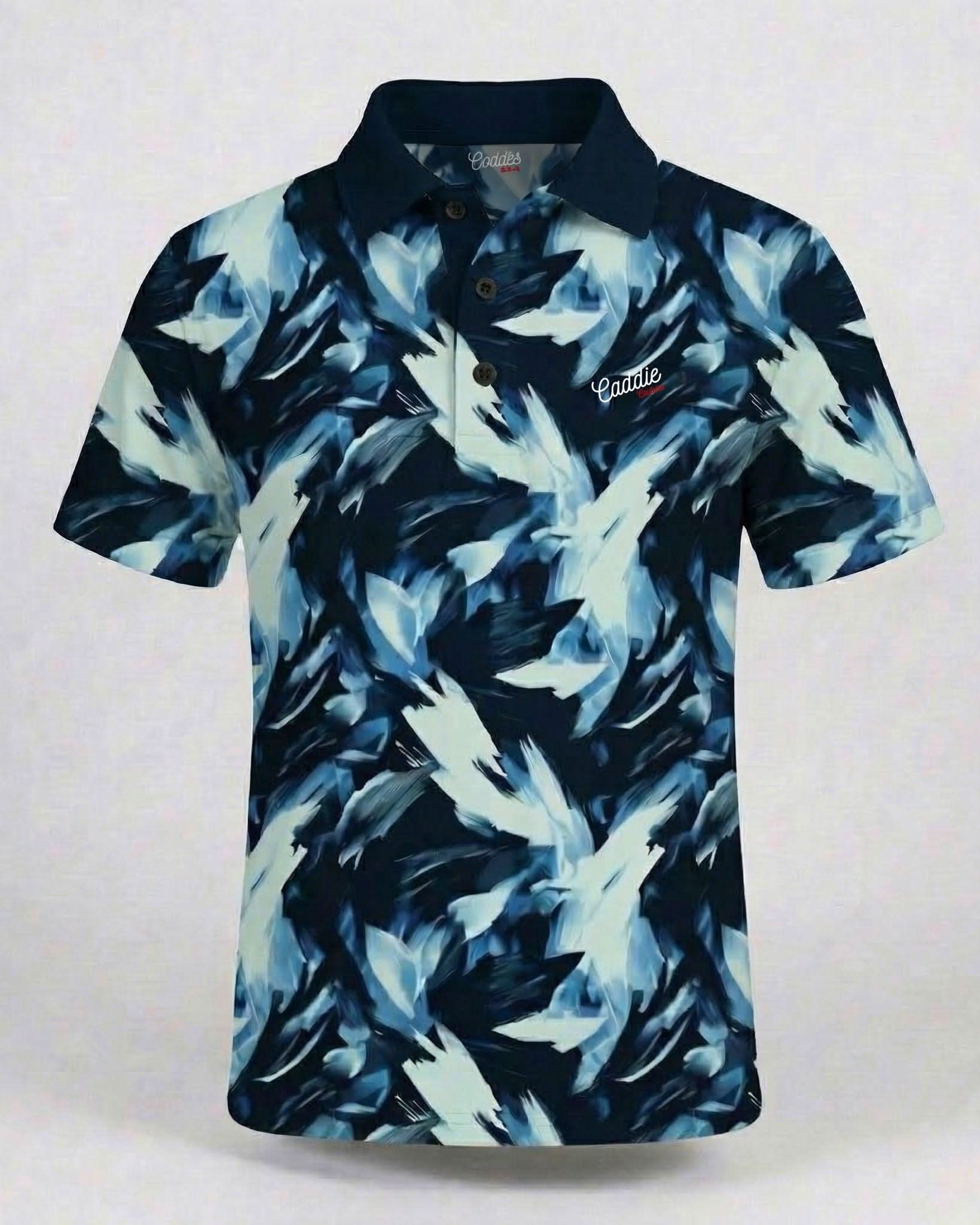 Blue and black patterned polo shirt on a white background