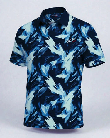 Blue and white patterned shirt on a light gray background