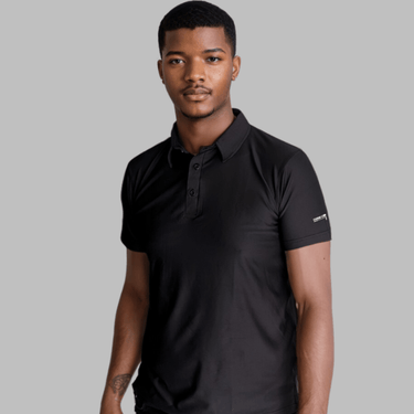 A man wearing a plain black golf polo shirt.