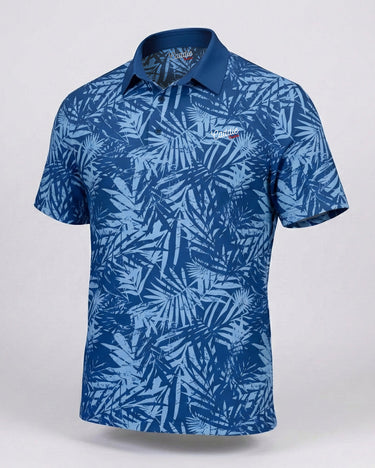 Blue patterned polo shirt on a light gray background