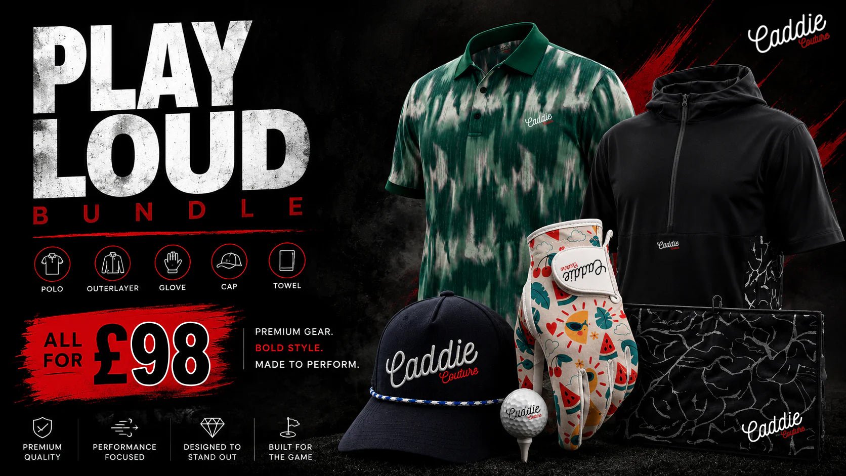 Golf gear bundle with clothing and accessories on a dark background, featuring the brand 'Caddie'.
