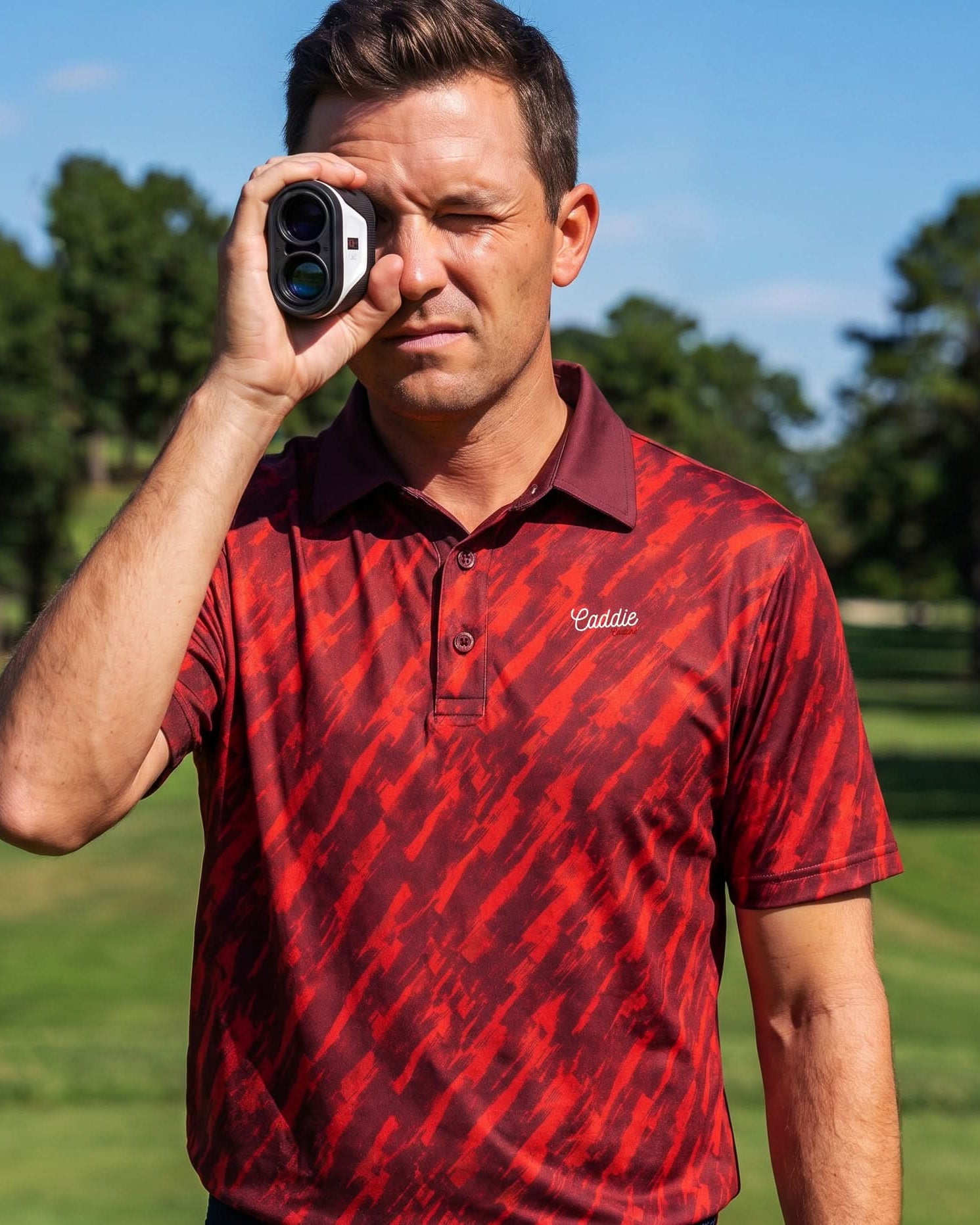 Scarlet Surge golf polo detail image