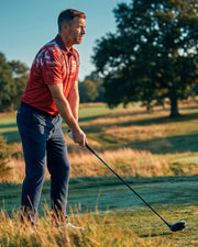 A man in a red and navy golf shirt and navy pants stands on a grassy golf course, preparing to swing a golf club. The background features a large tree and a sunny, grassy landscape.