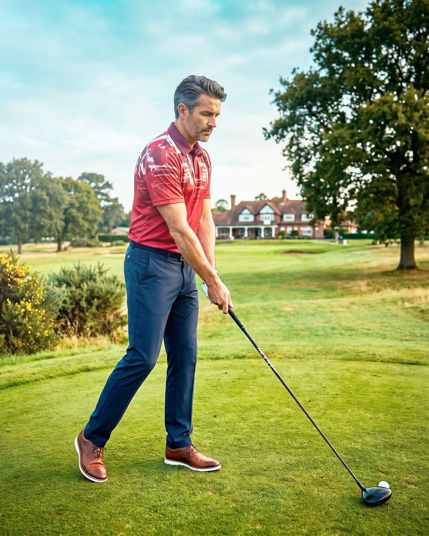 A man in a red polo shirt and navy trousers stands on a golf course, holding a golf club and preparing to swing. Trees, grass, and a clubhouse are visible in the background.