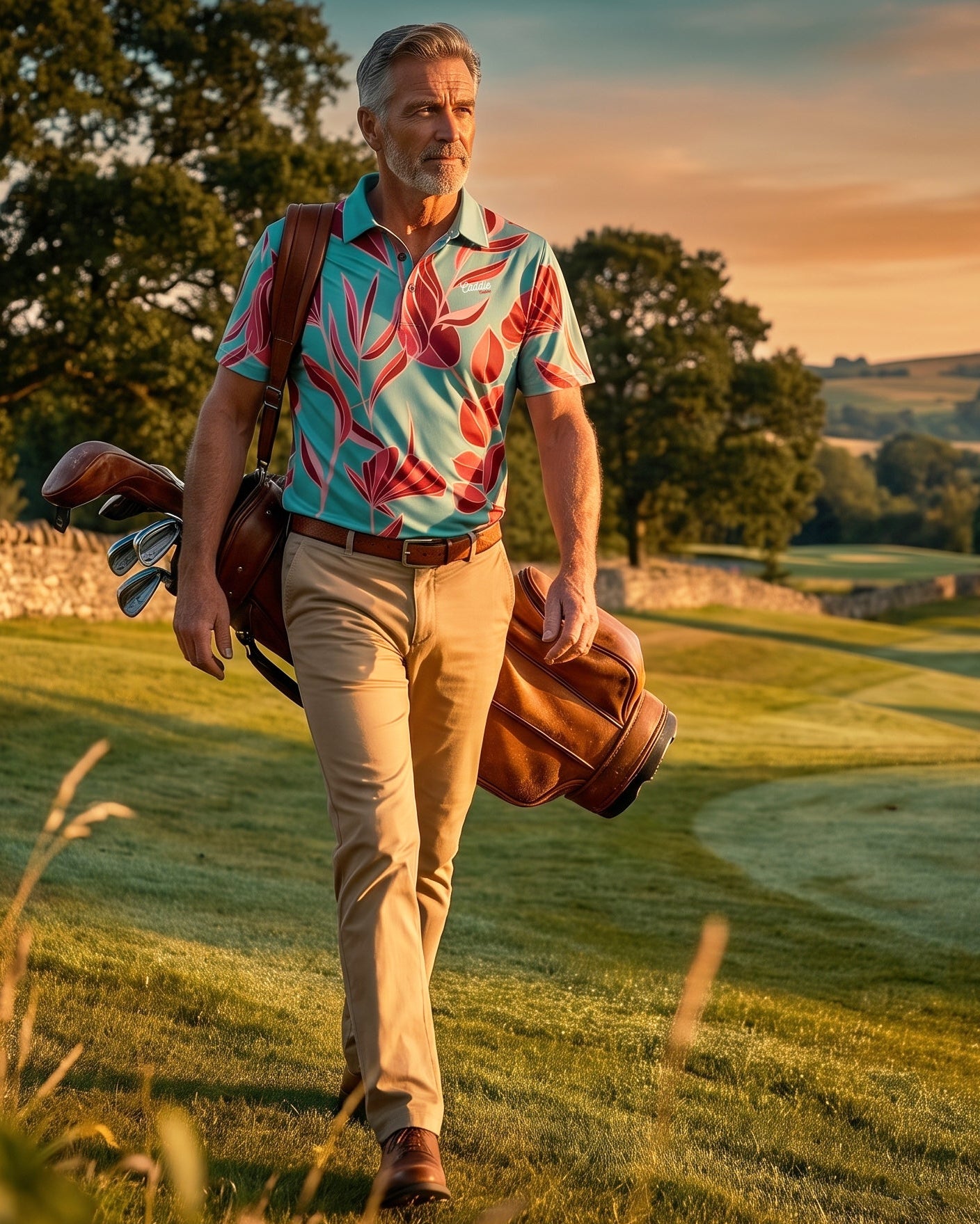 A man walks across a golf course carrying a brown leather golf bag and a colorful tropical print polo shirt. The background shows a scenic outdoor landscape with trees and rolling hills under a warm sunset sky.