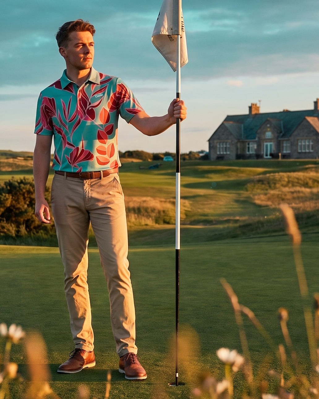 A man on a golf course wearing a colorful tropical print short-sleeve button-up shirt, khaki pants, and brown shoes, holding a flagstick with a golf hole flag in the foreground and a clubhouse visible in the background.