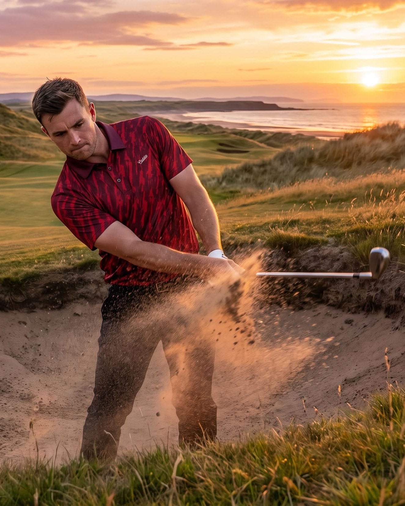 A male golfer in a red striped polo shirt and dark trousers swings a club from a sand bunker on a golf course at sunset, with ocean and dunes in the background.