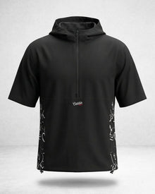 Black short-sleeve windbreaker shirt with signature pattern on the sides