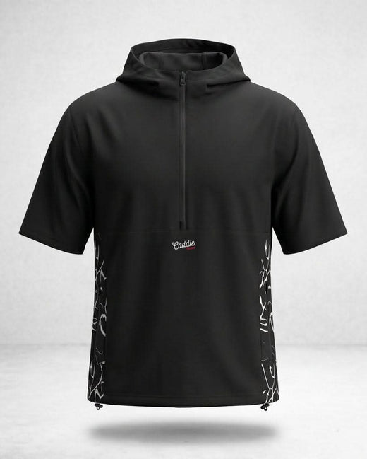 Black short-sleeve windbreaker shirt with signature pattern on the sides