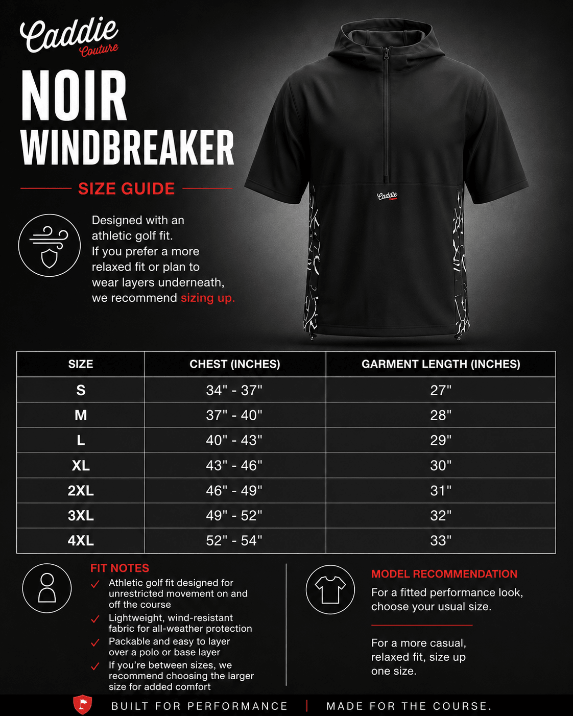 Noir Windbreaker size guide with a black windbreaker on a dark background