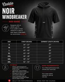 Noir Windbreaker size guide with a black windbreaker on a dark background