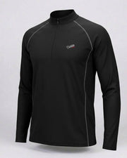 Black long-sleeve athletic shirt with a brand logo on a light gray background