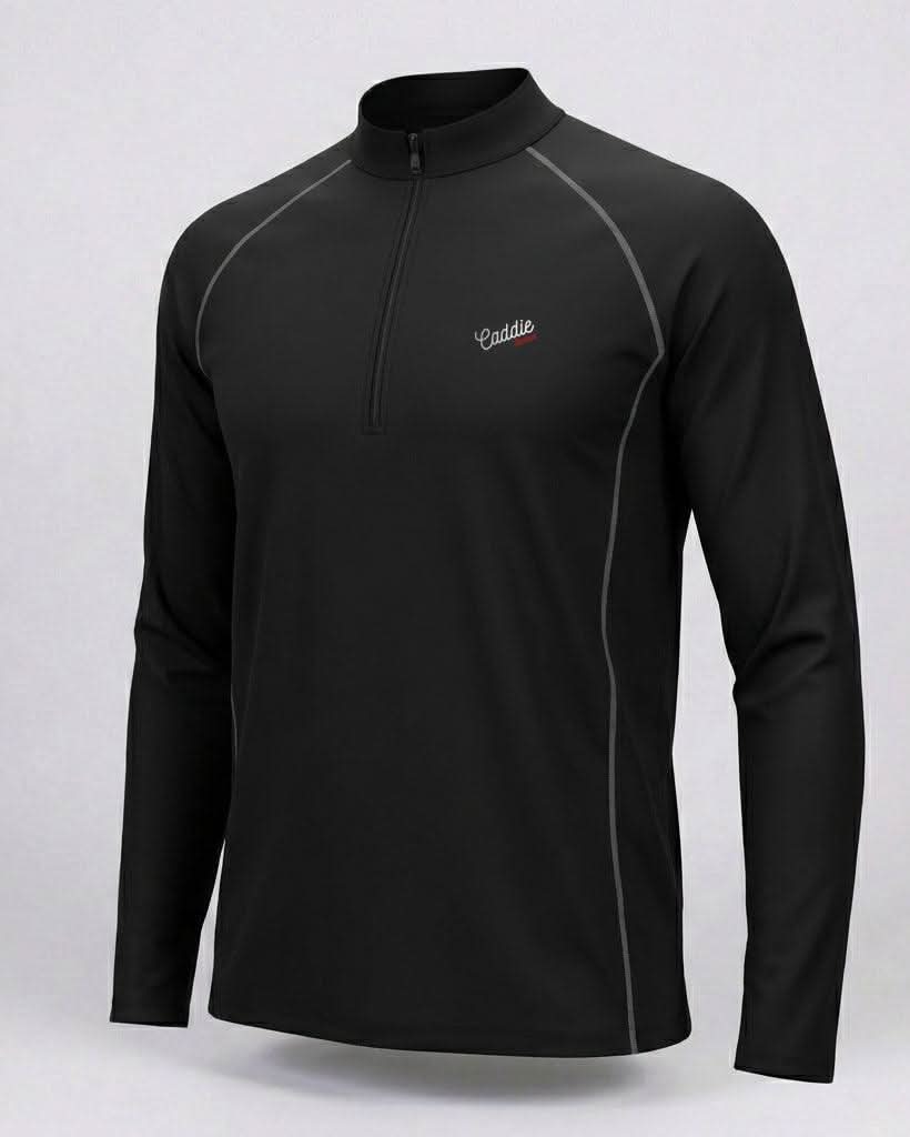 Black long-sleeve athletic shirt with a brand logo on a light gray background