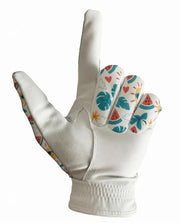 White golf glove with colourful pattern on a white background