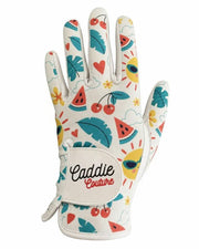 Gloves with colorful fruit and leaf pattern on a white background, featuring 'Caddie Couture' branding.