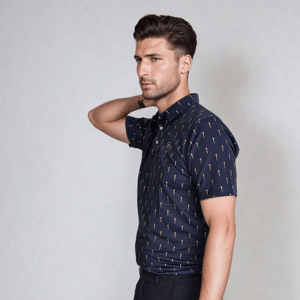 man with arm behind his neck wearing tees golf polo
