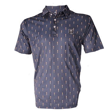 A navy blue golf polo shirt with a pattern of golf tees printed in a lighter color.