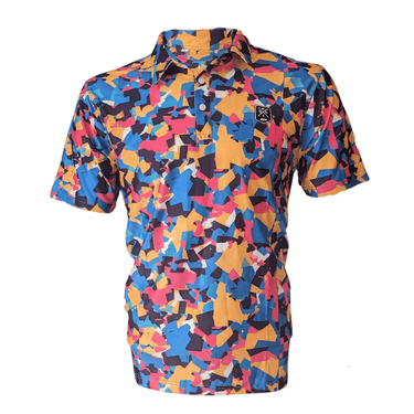 A multicolored geometric patterned golf polo shirt.