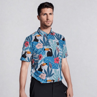 male model wearing toucan golf polo shirt