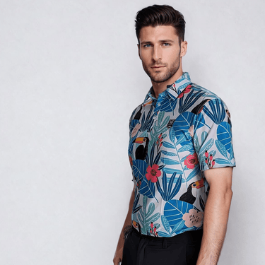 Male Model wearing a toucan design golf polo shirt