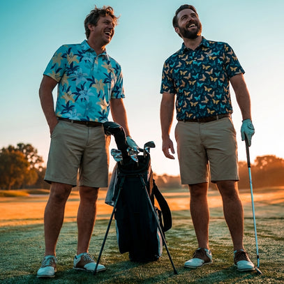 Two men on a golf course with sunset in the background